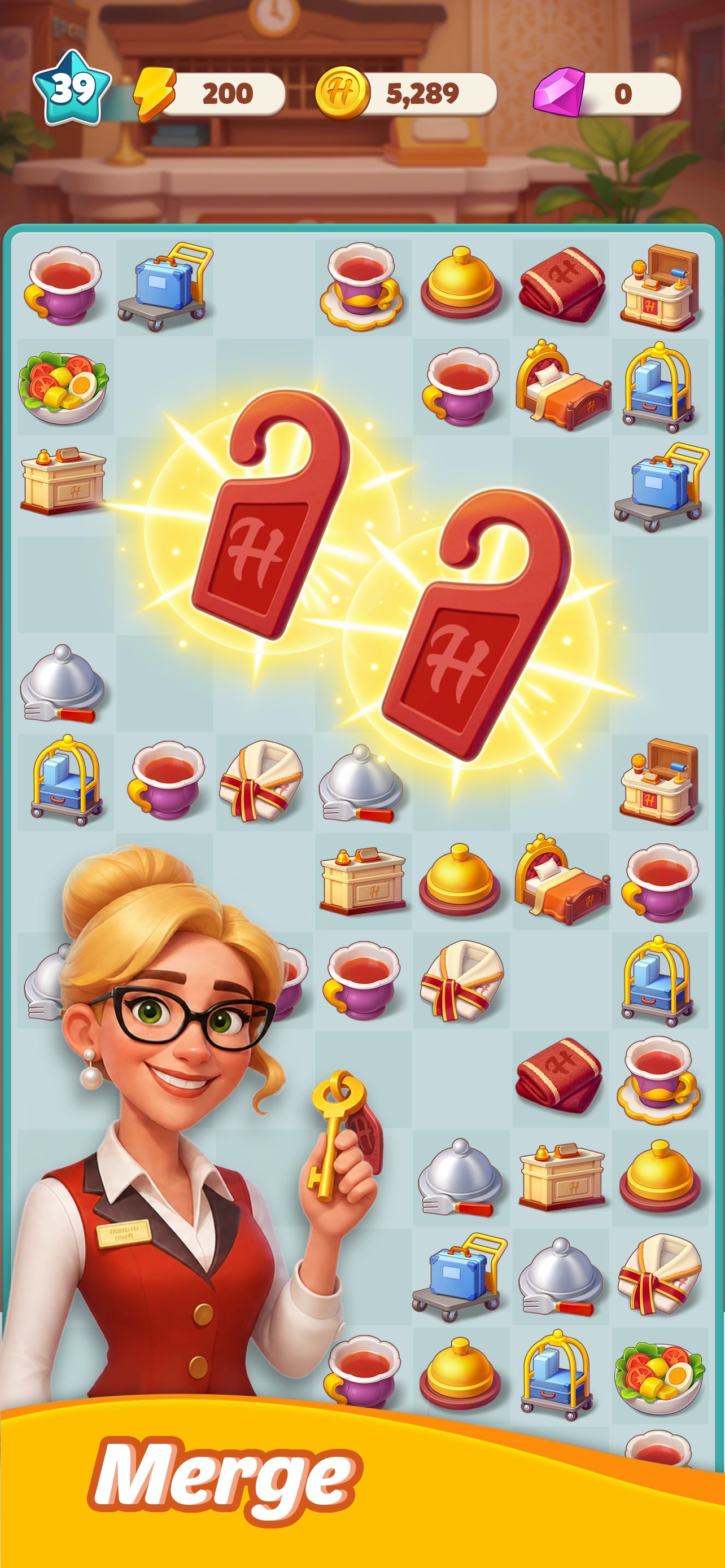 Hotel Legacy: Merge Game · 图02 · 棋盘要素（含宣传包装） · 1284×2778