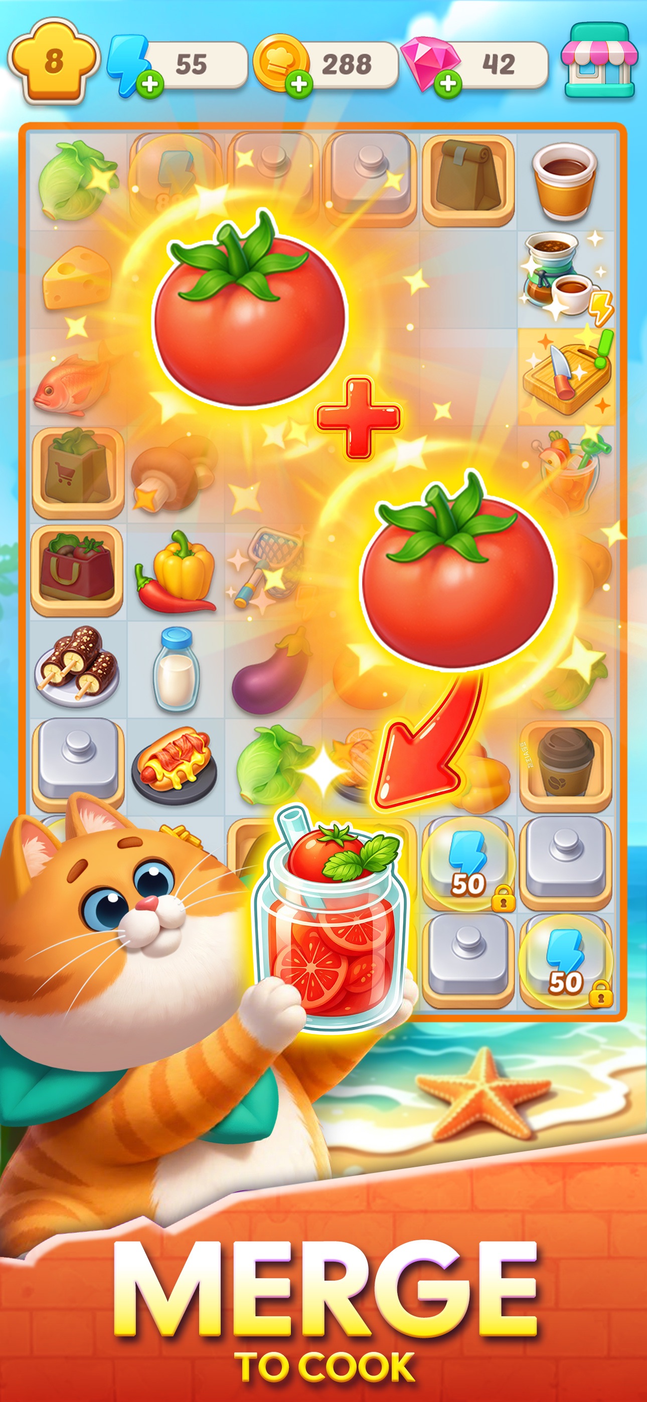 Yumtopia: Merge & Cook · 图01 · 棋盘要素（含宣传包装） · 1290×2796