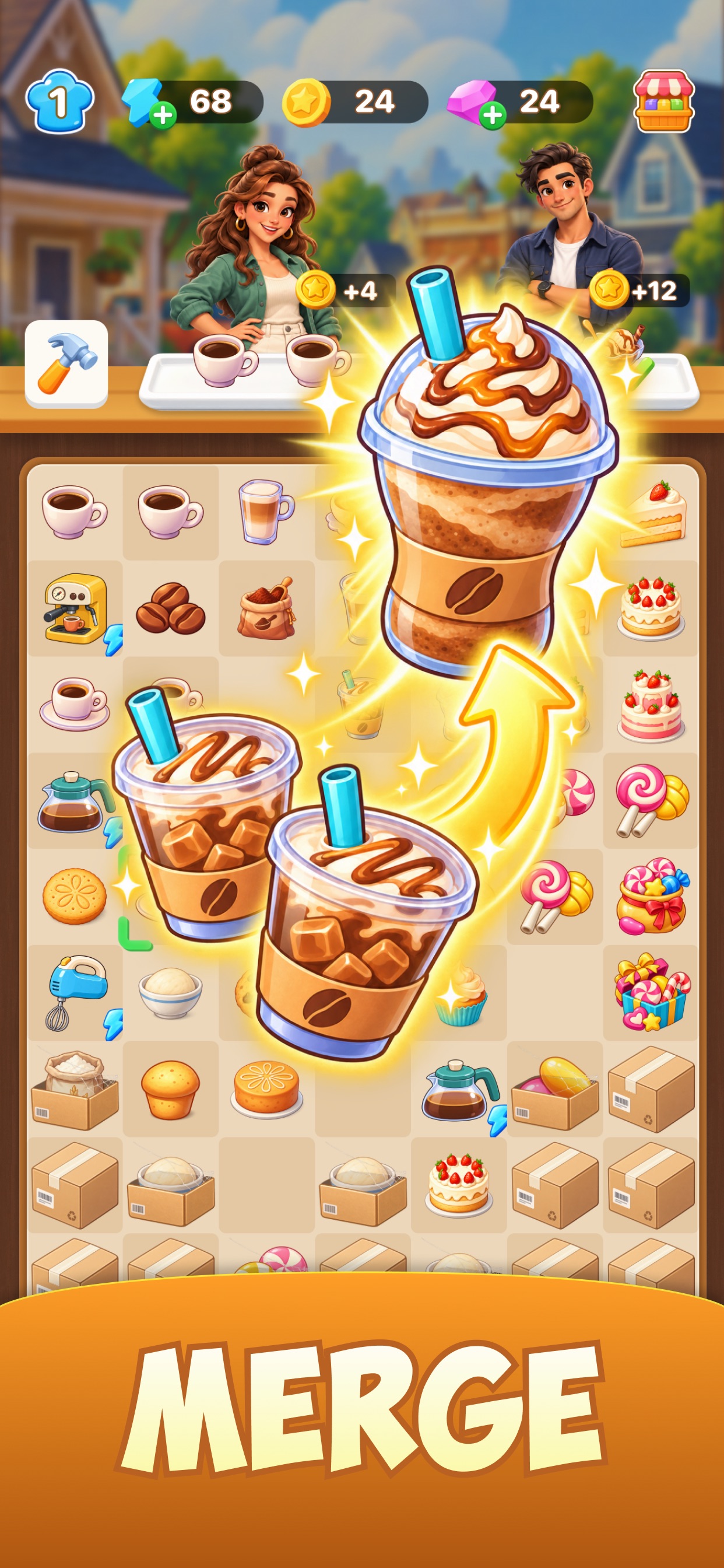 Maya's Cafe: Merge & Story · 图01 · 棋盘要素（含宣传包装） · 1242×2688