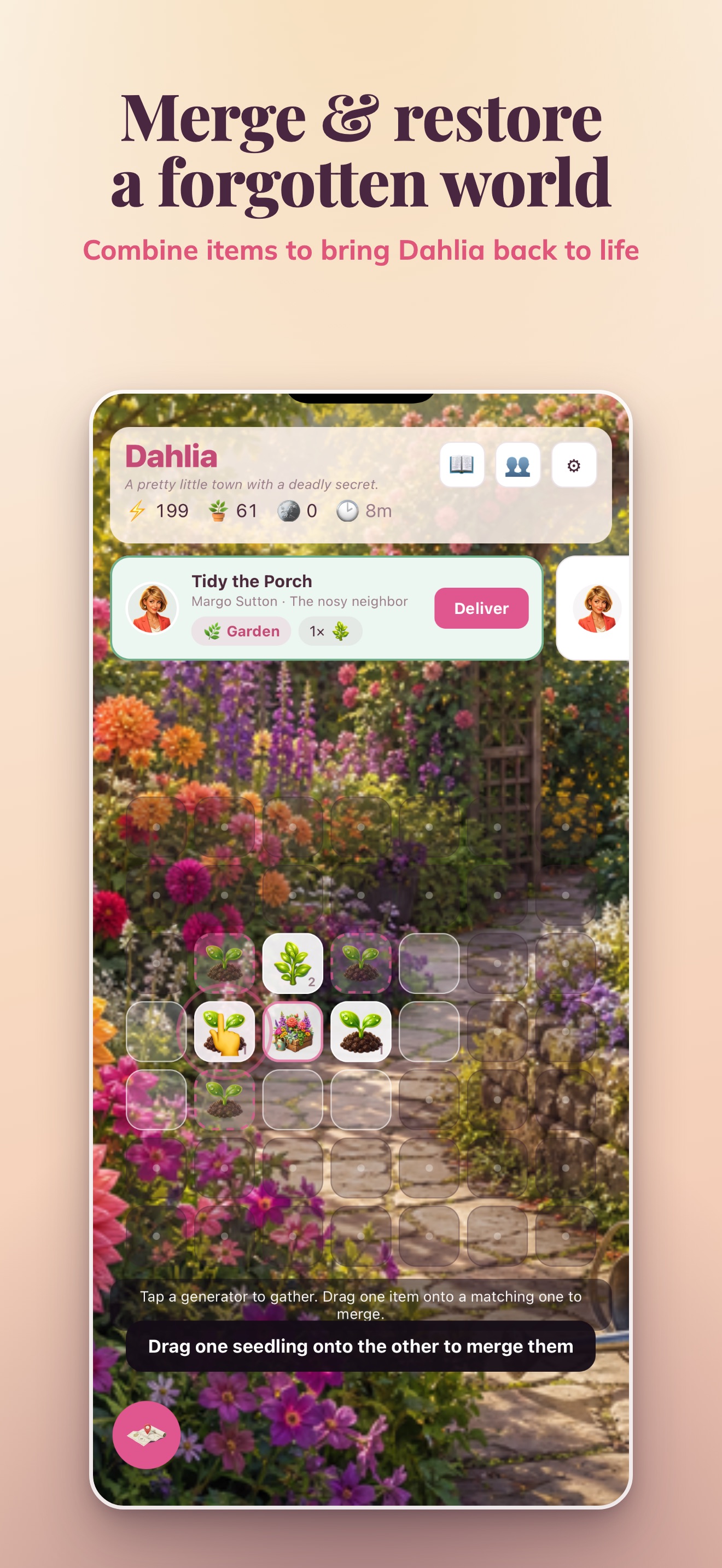 Dahlia: Cozy Merge Mystery · 图02 · 棋盘要素（含宣传包装） · 1320×2868