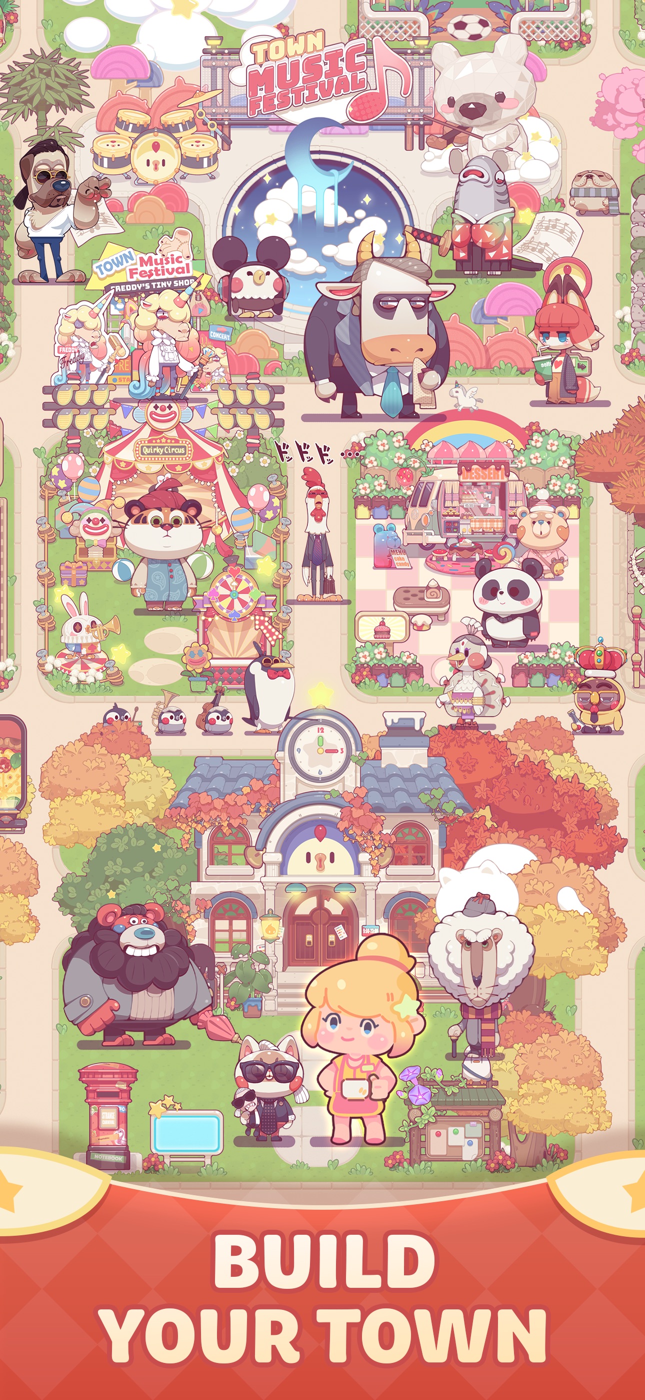 Quirky Town: Merge & Story · 图01 · 成长/场景要素（含宣传包装） · 1290×2796