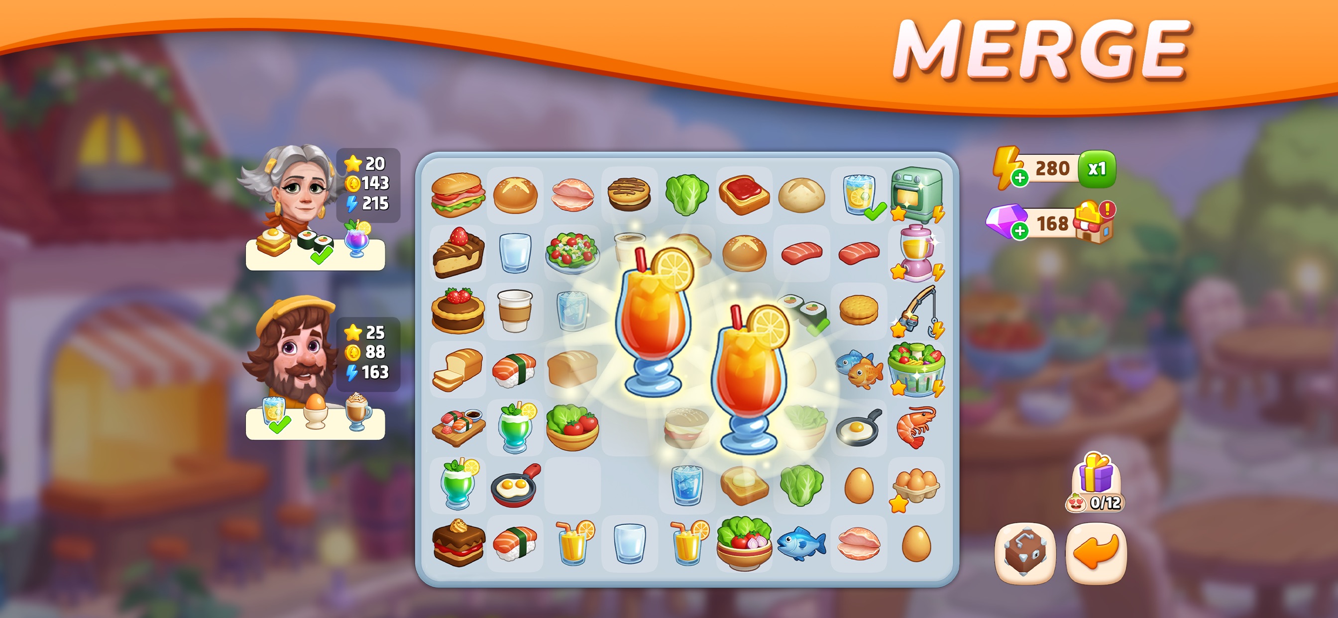 Bloom & Breakfast: Merge Town · 图02 · 棋盘要素（含宣传包装） · 2688×1242